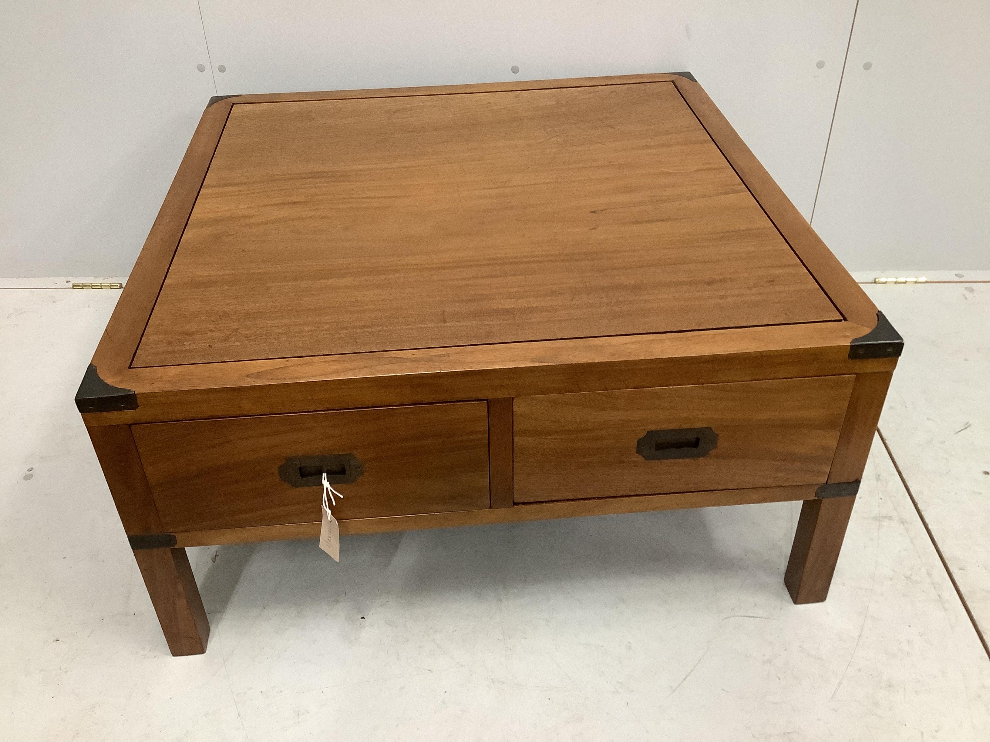 A reproduction military style square brass mounted mahogany four drawer coffee table, 90cm, height 45cm